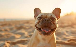 francês buldogue cachorro este tem aberto Está boca e Gravetos Fora Está língua foto