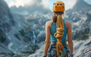 fechar acima do uma desportivo fino bonita mulher com escalada aproveitar, corda e mosquetão para segurança, escalada em uma Rocha dentro a montanhas foto