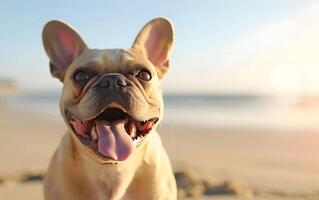 francês buldogue cachorro este tem aberto Está boca e Gravetos Fora Está língua foto