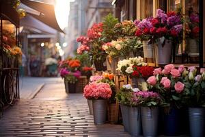 linha do em vaso flores lado de fora flor fazer compras em calçada portuguesa rua foto