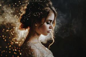 lindo morena noiva menina dentro uma Casamento vestir com lantejoulas. misterioso atmosfera foto
