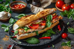 sanduíche com frango, queijo, tomates e manjericão em uma Preto prato e Preto fundo Próximo para a ingredientes foto