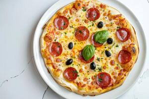 calabresa pizza com queijo em uma branco placa. topo Visão foto