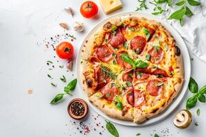 calabresa pizza com azeitonas, queijo, verde cebolas com ingredientes em uma branco fundo. topo visualizar. cópia de espaço foto