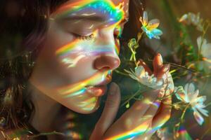 retrato do uma lindo menina com flores, arco Iris matizes do claro. foto