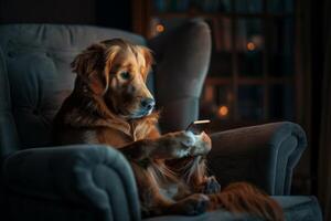 uma dourado retriever senta em uma cadeira e parece às a telefone. lê a notícias, relógios social redes dentro uma Sombrio quarto foto