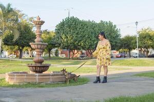 mulher caminhando com dela animal dentro uma público jardim às pôr do sol. animal amante. foto