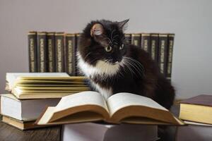 conceito do leitura. mundo livro dia. gato com livros por aí fingindo para ler. foto