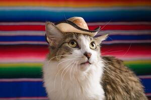 gato vestindo mexicano chapéu com poncho dentro fundo. cinco de maionese fundo. foto