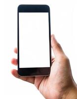 homem mão segurando célula telefone com em branco tela isolado em branco fundo. foto