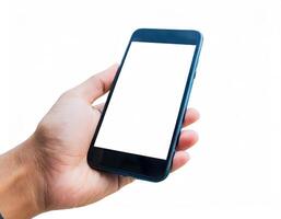 homem mão segurando célula telefone com em branco tela isolado em branco fundo. foto