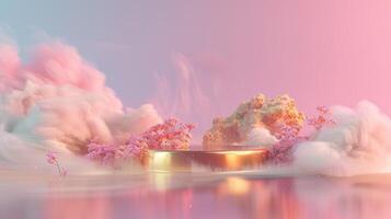 uma sonhadores Rosa e ouro fundo com eucalipto folhas, criando a atmosfera do luxo para produtos exibição dentro a estilo do surreal fantasia paisagens. foto