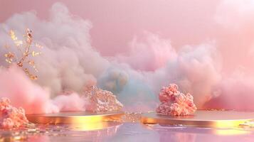 uma sonhadores Rosa e ouro fundo com eucalipto folhas, criando a atmosfera do luxo para produtos exibição dentro a estilo do surreal fantasia paisagens. foto