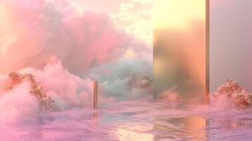 uma sonhadores Rosa e ouro fundo com eucalipto folhas, criando a atmosfera do luxo para produtos exibição dentro a estilo do surreal fantasia paisagens. foto