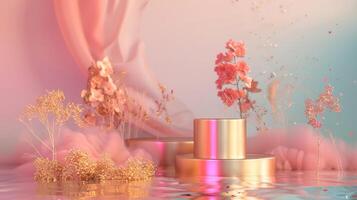 uma sonhadores Rosa e ouro fundo com eucalipto folhas, criando a atmosfera do luxo para produtos exibição dentro a estilo do surreal fantasia paisagens. foto
