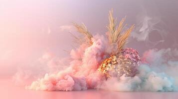 uma sonhadores Rosa e ouro fundo com eucalipto folhas, criando a atmosfera do luxo para produtos exibição dentro a estilo do surreal fantasia paisagens. foto