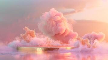 uma sonhadores Rosa e ouro fundo com eucalipto folhas, criando a atmosfera do luxo para produtos exibição dentro a estilo do surreal fantasia paisagens. foto