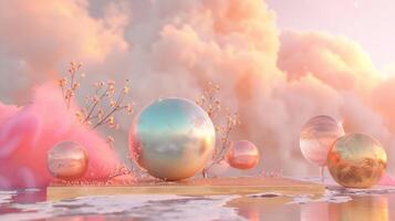 uma sonhadores Rosa e ouro fundo com eucalipto folhas, criando a atmosfera do luxo para produtos exibição dentro a estilo do surreal fantasia paisagens. foto