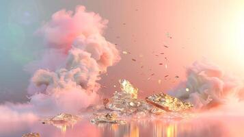 uma sonhadores Rosa e ouro fundo com eucalipto folhas, criando a atmosfera do luxo para produtos exibição dentro a estilo do surreal fantasia paisagens. foto