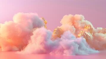 uma sonhadores Rosa e ouro fundo com eucalipto folhas, criando a atmosfera do luxo para produtos exibição dentro a estilo do surreal fantasia paisagens. foto