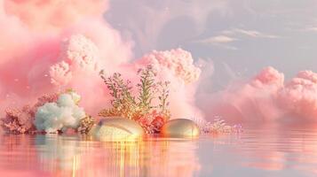 uma sonhadores Rosa e ouro fundo com eucalipto folhas, criando a atmosfera do luxo para produtos exibição dentro a estilo do surreal fantasia paisagens. foto