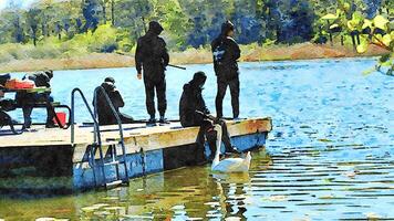 estilo aquarela representando jovem pescadores às a lago dentro a companhia do uma cisne foto