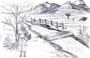 uma camponês mulher admirando a panorama do cultivado Campos foto