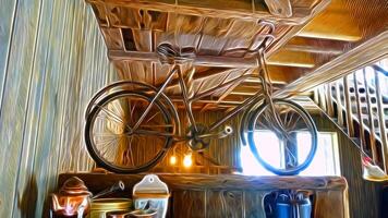 digital pintura estilo representando a antigo bicicleta manteve dentro uma de madeira cabana foto
