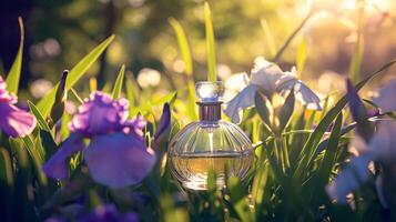 perfume garrafa dentro flores, fragrância em florescendo fundo, floral odor e Cosmético produtos foto