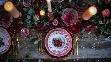 dia dos namorados dia paisagem de mesa e mesa decoração, romântico mesa configuração com flores, formal jantar e data, lindo talheres e talheres foto