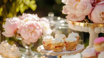 Casamento decoração com peônias, floral decoração e evento celebração, peônia flores e Casamento cerimônia dentro a jardim, Inglês país estilo foto