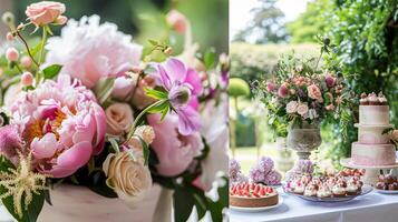 Casamento decoração com peônias, floral decoração e evento celebração, peônia flores e Casamento cerimônia dentro a jardim, Inglês país estilo foto