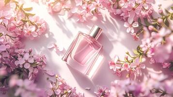 perfume garrafa dentro flores, fragrância em florescendo fundo, floral odor e Cosmético produtos foto