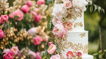 Casamento decoração com peônias, floral decoração e evento celebração, peônia flores e Casamento cerimônia dentro a jardim, Inglês país estilo foto