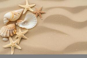 foto cópia de espaço areia com cartuchos e estrelas do mar