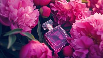 perfume garrafa dentro flores, fragrância em florescendo fundo, floral odor e Cosmético produtos foto