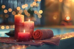 spa. meditativo atmosfera. aroma velas, massagem pedras, Sombrio quarto com sauna, massagem toalhas foto