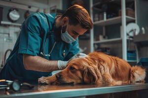 uma veterinário dá a injeção para uma dourado retriever. médico fazendo exame do cachorro em operativo mesa dentro clínica foto