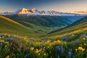 tirar o fôlego panorâmico Visão do coberto de neve montanhas no meio exuberante verde vales com florescendo flores silvestres natureza paraíso panorama fotografia foto