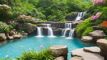 tirar o fôlego cachoeiras no meio exuberante vegetação e vibrante flores uma cascata dentro uma floresta. foto