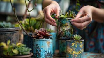 fêmea jardineiro envasamento suculentos dentro pintado velho frascos em uma de madeira mesa dentro de casa foto