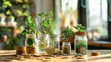 ouro moedas dentro transparente jarra com plantas crescendo sobre, finança e investimento conceito foto