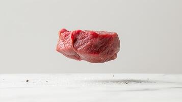 uma peça do carne filé mignon tempero com sal e Pimenta levitando em branco fundo foto