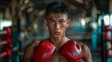 sem camisa 17 anos velho tailandês Adolescência vestindo vermelho boxe luvas olhando às Câmera foto