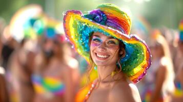 sorridente mulher vestindo colorida brilhar arco Iris chapéu e arco Iris face pintura em orgulho parada, orgulho mês celebração, amor vitórias foto