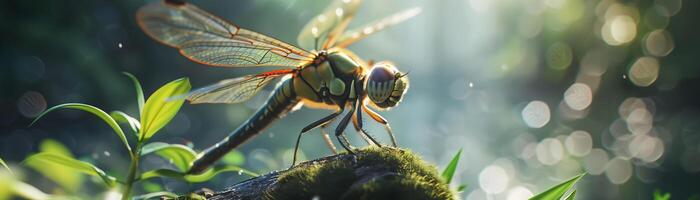 fechar acima do uma libélula empoleirado em uma musgoso registro com natural fundo e luz solar foto