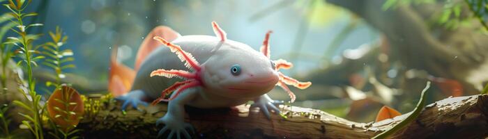 fechar acima do uma axolotl sentado em uma registro debaixo a fresco Claro água em natural embaixo da agua fundo foto