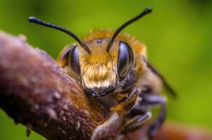 uma pequeno abelha inseto em uma plantar dentro a Prado foto