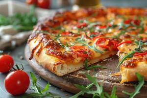 uma fatia do pizza é colocada em uma pequeno moderno de madeira borda em uma limpar \ limpo cozinha mesa profissional publicidade Comida fotografia foto