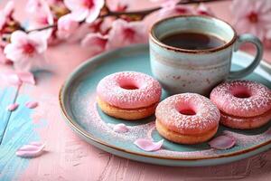 copo do café e biscoitos dentro a manhã Sol com sakura profissional publicidade Comida fotografia foto